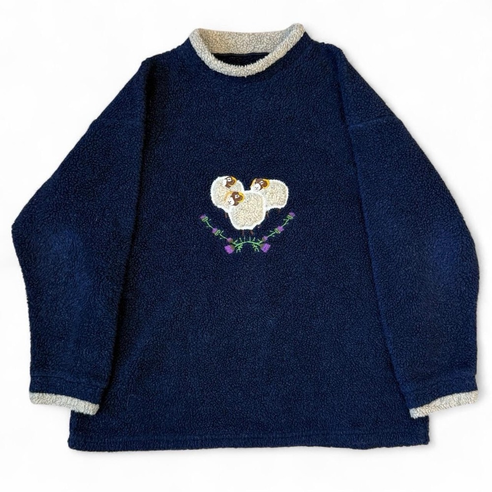 Vintage Fleece Embroidered Sheep Sweater Cottagecore Women's XL Grandma 90s Y2K